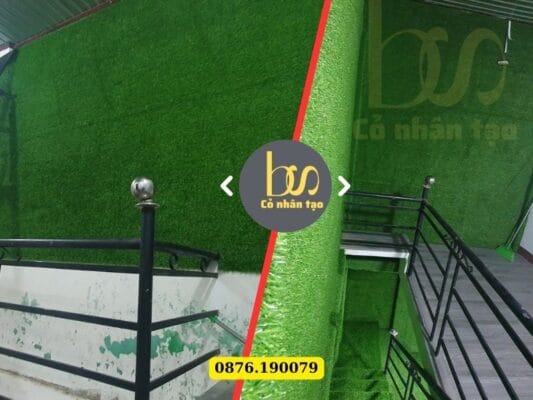 Hình ảnh trước và sau khi thi công cầu thang, dán tường