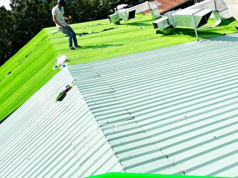 Trải cỏ nhân tạo lên mái tôn