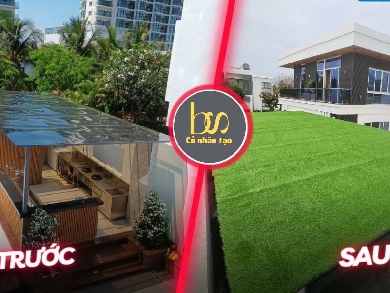Hình ảnh trước và sau khi thi công trải cỏ chống nóng