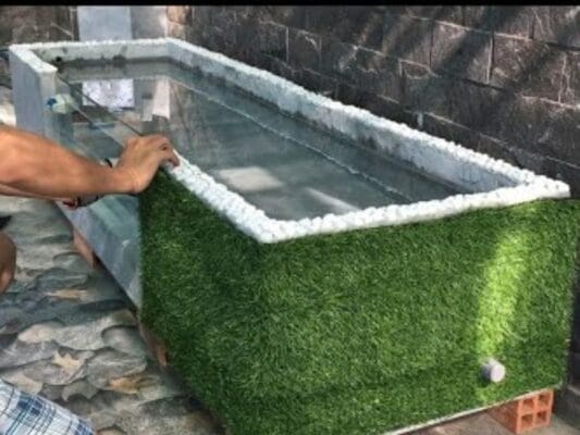 Bao quanh hồ cá ngoài trời với cỏ nhân tạo