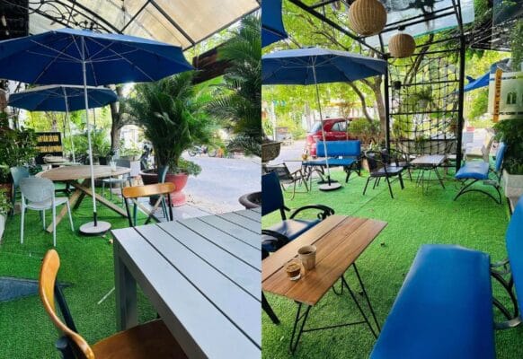 Thảm cỏ nhân tạo trải quán cà phê