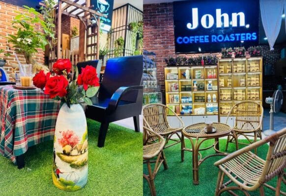 Thi công cỏ nhân tạo trải quán cafe John Quy Nhơn