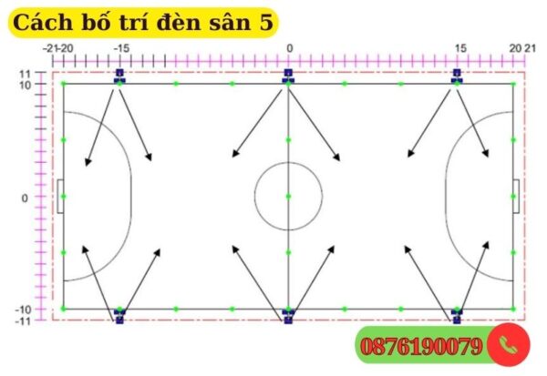 Sơ đồ bố trí đèn led sân bóng mini 5 người 6 cột